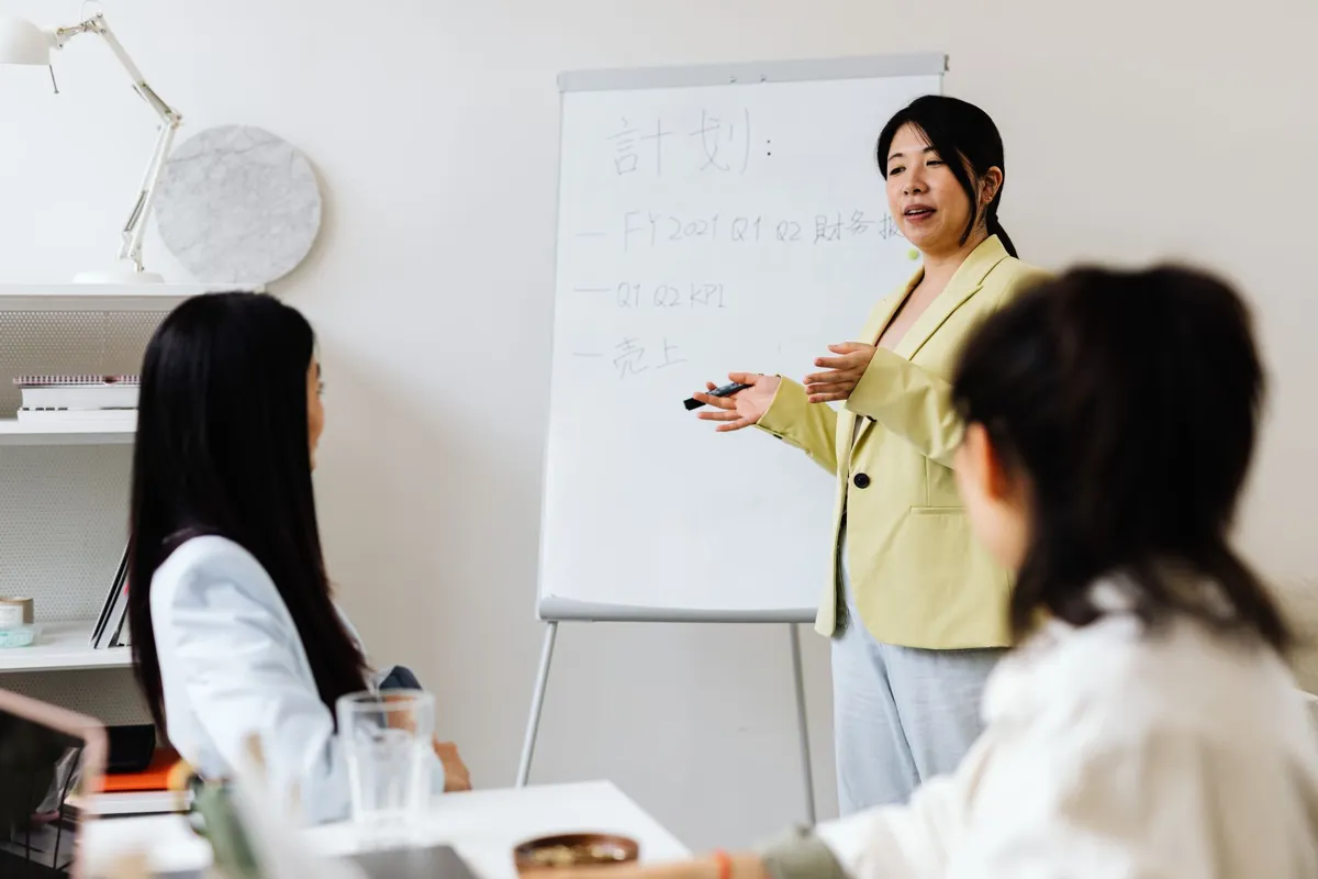 Trainer leading a small hands-on class at a flipchart