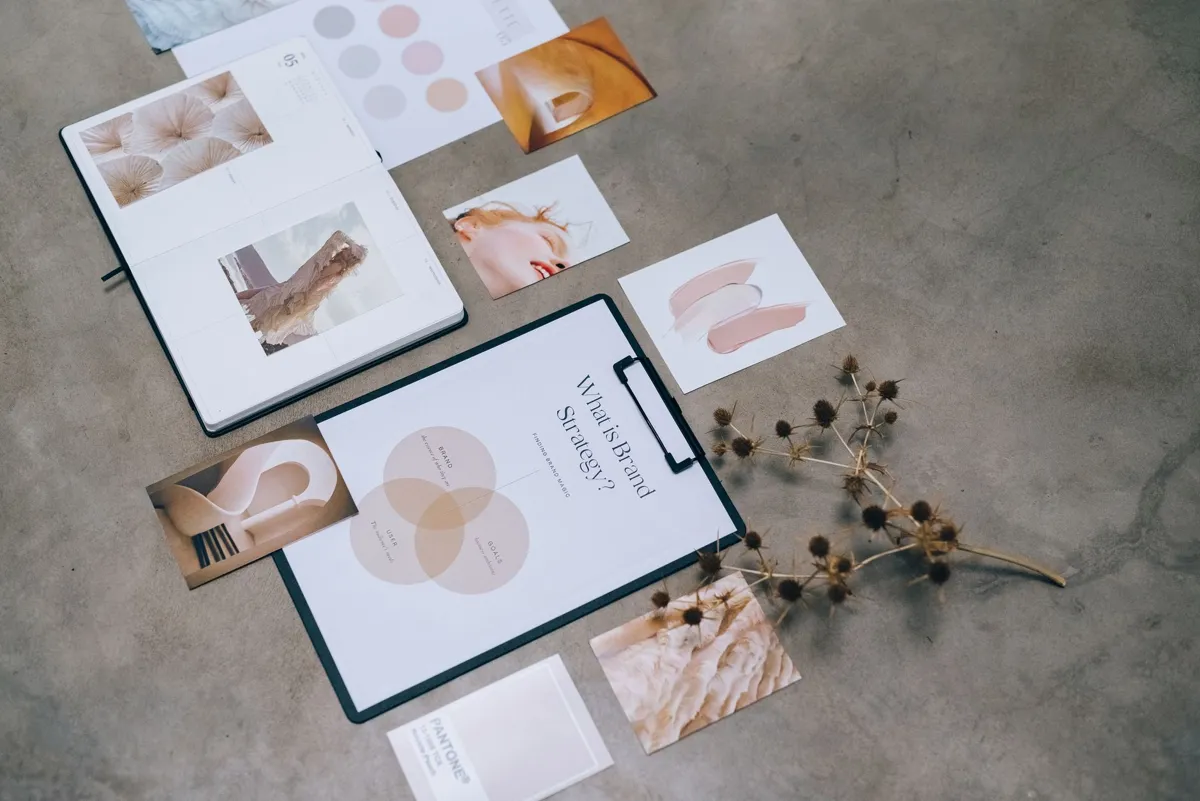Colour swatches and layout sketches for a brand design