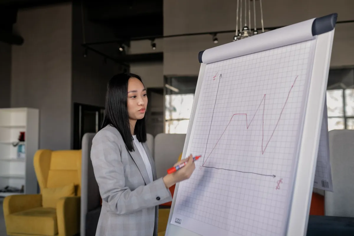Professional presenting a chart on a flipchart in a meeting