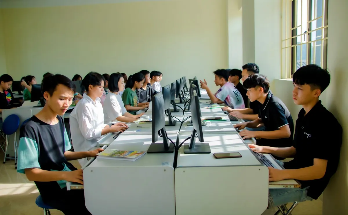 Learners working at computers in a training lab