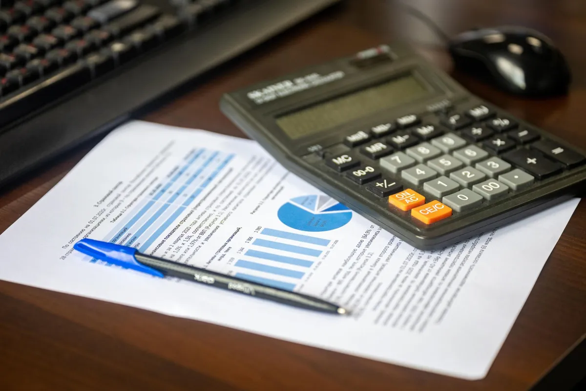 Calculator, pen and printed financial charts on a desk